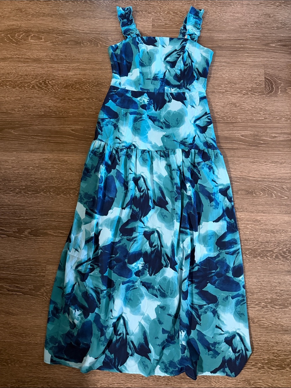 Teal Floral Maxi Dress with Square Neck